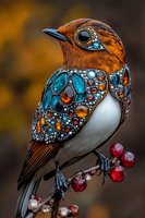 Decorative jeweled bird with ornate gemstone patterns perched on branch with red berries. Fantasy art style combines natural form with precious stones and metalwork.