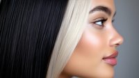 Side profile portrait of young mixed race woman with creative two-toned black and platinum blonde hair styling, showing professional hair coloring technique and makeup artistry.