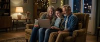 Happy multi-generational family using laptop together on cozy living room sofa in warm evening light for online shopping and digital communication.