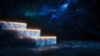 Glowing mystical stairway steps ascending into starry night sky with blue nebula and cosmic dust, spiritual journey concept for motivational designs.