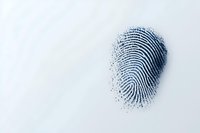 Digital fingerprint dissolving into particles on white background, security concept showing biometric data transformation and digital identity decay.