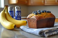 Fresh baked banana bread topped with ripe blueberries on gray kitchen towel, with yellow bananas and energy drinks in background on marble counter.