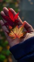 Vibrant red and yellow maple leaves held in an open palm against blurred autumn background, showcasing seasonal color transition and nature connection.