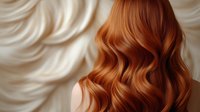 Luxurious copper red wavy hair from behind against soft cream drapery background, showcasing glossy waves and natural movement for hair salon advertising.