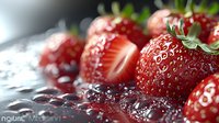 Fresh ripe strawberries with green leaves covered in glistening water droplets on dark surface for culinary and healthy eating concepts.