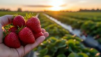 Fresh ripe strawberries in farmer's hand at sunset over agricultural field rows. Organic fruit harvest season concept for healthy eating and farming.