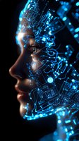Female profile with glowing blue circuit patterns overlaid on dark skin, representing artificial intelligence and technological advancement in neural networks.