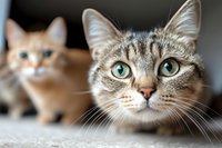 Close up portrait of curious tabby cat with bright turquoise eyes looking directly at camera, second cat blurred in background. Pet photography concept.