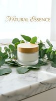 Cosmetic cream jar with wooden lid surrounded by fresh eucalyptus leaves on marble surface, showcasing natural skincare product for beauty, wellness, and organic cosmetics branding.