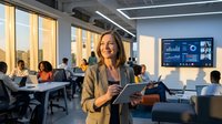 Professional businesswoman holding tablet in modern office with team working on data analytics dashboard in background during golden hour.