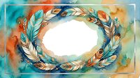 Watercolor feather wreath with colorful plumage in turquoise, orange and blue tones on white background. Boho style circular frame for greeting cards.