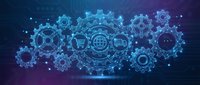 Digital technology gears with business icons connected by glowing network lines on blue purple gradient background for automation and innovation concepts.