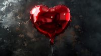 Red heart-shaped balloon floating against dark textured background, metallic foil surface reflecting light creating dramatic romantic atmosphere. Suitable for Valentine's Day designs.