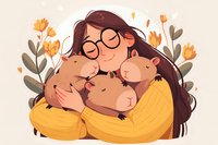 Young Asian woman with glasses and long dark hair in yellow sweater hugging three brown guinea pigs surrounded by orange flowers and gray leaves, warm illustration style.