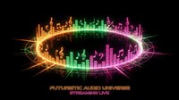 Futuristic neon music equalizer with glowing musical notes and colorful light ring on dark background for streaming and entertainment design.