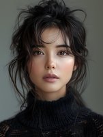 Young Asian woman with messy updo hairstyle and natural makeup wearing dark turtleneck sweater against neutral background for beauty and fashion advertising.