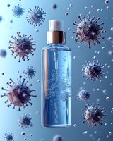 Sanitizer spray bottle surrounded by virus particles on blue background, medical concept showing protection against infectious diseases and germs.