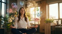 Young businesswoman meditating in modern office with floating digital icons representing work-life balance and productivity management concepts.