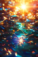 Magical sparkles and light rays reflecting through blue crystal surface create mesmerizing bokeh effect with orange and turquoise glow in abstract macro photography.