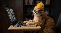 Orange tabby cat wearing yellow knit beanie and glasses sitting at laptop computer for video conference call in cozy home office setting.