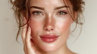 Young Caucasian woman with natural makeup touching face showing healthy glowing skin and freckles in beauty skincare portrait for cosmetic advertising.