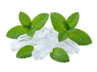 Menthol crystals with fresh mint leaves isolated on white background, suitable for cosmetics, pharmaceuticals, wellness products, and aromatherapy packaging design.