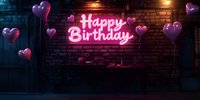 Pink neon happy birthday sign glowing on dark brick wall with purple heart balloons floating in moody atmospheric night scene, party celebration background.