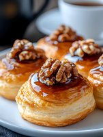 Fresh baked puff pastry with caramel glaze and whole walnuts on top, served on white plate with coffee cup in background, close up macro food photography.