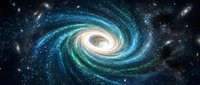 Spiral galaxy with bright luminous center and swirling arms in deep space surrounded by stars and cosmic dust for astronomy and science projects.
