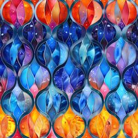 Vibrant moroccan style pattern with blue, orange and pink watercolor teardrop shapes forming seamless ornamental design against starry cosmic background.