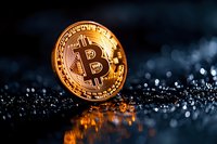 Golden bitcoin coin standing on dark glittery surface with bokeh background, symbolizing cryptocurrency wealth and digital finance.