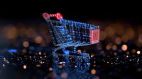 Glowing wireframe shopping cart on dark background with bokeh lights creates futuristic e-commerce concept for digital retail and online shopping designs.