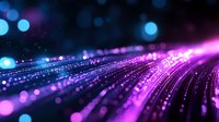 Abstract digital data streams with glowing purple and blue light trails flowing through dark space with bokeh effects for technology backgrounds.