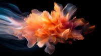 Vibrant orange and coral ink swirls blend with smoky blue tendrils against black background, creating ethereal abstract fluid art movement for creative design projects.