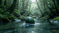Serene forest stream flows through lush green woodland with moss-covered rocks and dense vegetation creating peaceful natural sanctuary atmosphere.