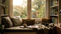 Cozy reading nook with comfortable sofa, bookshelves, warm sunlight streaming through window, peaceful home library interior for relaxation and study.