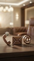 Wooden contact icons phone envelope email symbol on desk in blurred office interior for business communication and customer service concepts.