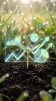 Young plant seedling emerging from soil with digital growth charts and financial graphs overlay representing sustainable business development and green economy.