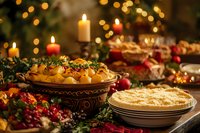 Festive holiday table with homemade pies, burning candles, and seasonal decorations against warm bokeh lights creates cozy Christmas atmosphere for family gathering.