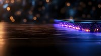 Glowing blue and purple light trails create dynamic motion effect against dark background with bokeh lights, abstract technology concept for presentations.