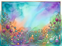 Colorful watercolor frame with floral and science elements, molecules, lightning bolts, and lab flasks on vibrant rainbow background.