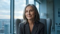Confident mature businesswoman with gray hair smiling in modern office with city view. Professional executive portrait for corporate leadership concepts.