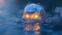 Mystical crystal skull with glowing orange eyes emerging from dark blue misty water surface, creating ethereal reflections and atmospheric mood.