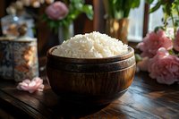 Steamed white jasmine rice in rustic wooden bowl on dark table with pink roses in background, moody natural lighting creates cozy atmosphere.