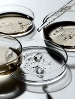 Laboratory petri dishes with clear liquid and droplets falling from pipette creating splash and bubbles on white surface in scientific research setting.