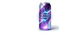 Purple energy drink can with electric lightning effects and futuristic design on white background for beverage marketing and product advertising.