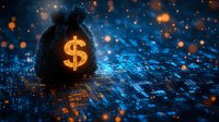 Glowing dollar sign on money bag against digital circuit background with orange bokeh lights and blue technology grid, representing digital finance.