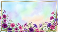 Watercolor floral border frame with purple pink flowers and green leaves on pastel rainbow background for wedding invitations greeting cards.