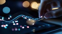 Hand touching glowing digital wave with bokeh lights on dark background, futuristic technology concept for business analytics and data visualization.