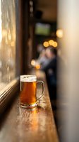 Glass mug of amber beer on wooden windowsill with warm bokeh lights and blurred pub atmosphere in background for hospitality and dining concepts.